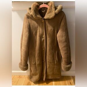 Women  Genuine Soft Brown Leather Toscana Coat With Hoodie Size M